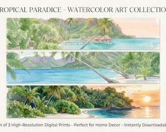 Set di 3 stampe ad acquerello di spiagge tropicali, decorazioni con paesaggi costieri (download digitale)