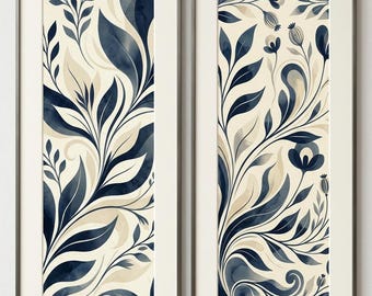 Set di stampe botaniche astratte, arte murale moderna minimalista blu navy e beige (download digitale)