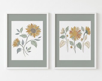 Stampa artistica minimalista di girasoli botanici / Toni della terra, disegno a linee (download digitale)