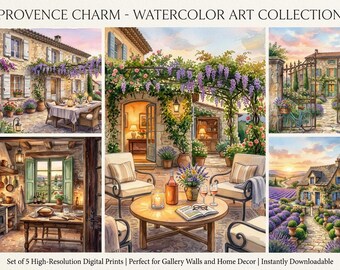 Set di 5 stampe ad acquerello in stile provenzale, decorazioni per la cucina in stile cottage di campagna europeo (download digitale)