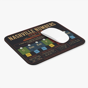 Puede incluir: Alfombrilla de ratón negra con el diseño "Nashville Numbers System", que presenta diagramas de acordes musicales y texto. Un ratón de ordenador blanco descansa sobre la alfombrilla. La alfombrilla es rectangular.