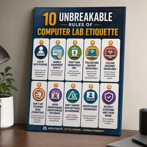 May include: A rectangular wall poster titled 10 Unbreakable Rules of Computer Lab Etiquette, featuring ten numbered circular icons with corresponding text instructions for maintaining a clean, secure, and respectful digital workspace environment.