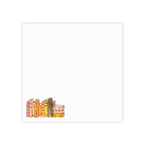 May include: Watercolor illustration of a stack of books in various colors, including pink, yellow, and brown. The books are arranged in a row, with their spines facing the viewer. The background is white.