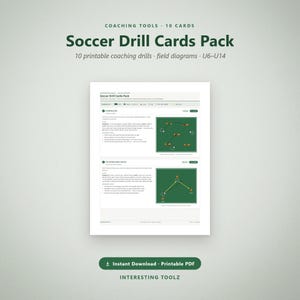 Könnte beinhalten: Ein digitales Fußball-Übungskarten-Set mit 10 druckbaren Trainingsübungen für die Altersgruppen U6-U14. Das Dokument enthält detaillierte schriftliche Anleitungen und grüne Spielfelddiagramme mit orangefarbenen Hütchen und weißen Fußbällen.