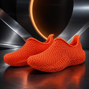 Puede incluir: Un par de zapatos sin cordones de color naranja brillante que presentan una compleja estructura de celosía tridimensional en toda la parte superior. Los zapatos tienen un diseño de perfil bajo con punta redondeada y lengüeta en el talón.