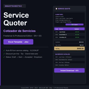 Puede incluir: Una plantilla de cotización de servicio digital con un fondo oscuro y acentos morados. La plantilla incluye secciones para información del cliente, detalles del servicio y un catálogo de servicios. El texto "Service Quoter" se muestra de forma destacada.