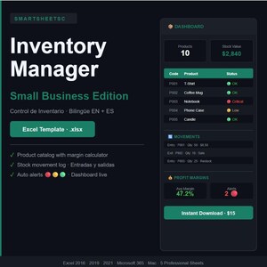 Peut inclure: Un tableau de bord numérique de gestion des stocks vert foncé et noir avec le texte "Inventory Manager" et "Small Business Edition". Le tableau de bord affiche les détails des produits, la valeur des stocks et les marges bénéficiaires. Inclut un modèle Excel.