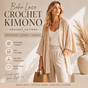May include: A beige crochet kimono with a lace pattern is featured in this image. The text on the image reads "Boho Lace Crochet Kimono Crochet Pattern". The kimono is lightweight, elegant, and timeless. The image also includes the text "Create your boho style".