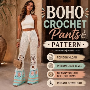 May include: A crochet pattern for bell bottom trousers featuring a white upper section with a drawstring waist and a lower section with colourful granny square motifs in shades of light blue, peach, and white. Text reads BOHO CROCHET PANTS PATTERN.