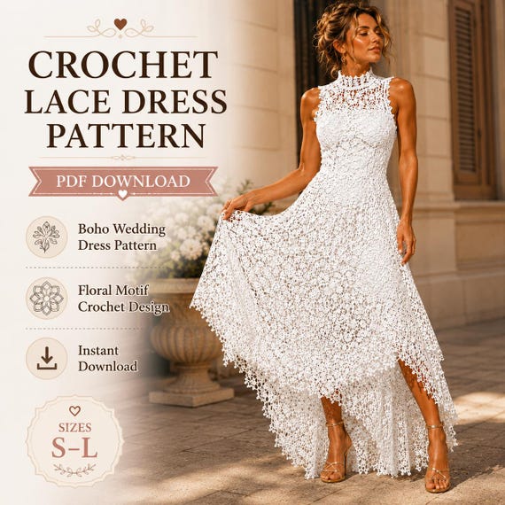 Crochet Lace Dress Pattern, Boho Wedding Gown, Floral Motif PDF (Sizes S-L)