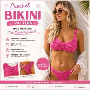 May include: A pink crochet bikini pattern with the text "Crochet Bikini Pattern". The image shows a woman wearing a pink crochet bikini. The pattern includes step-by-step instructions and is beginner-friendly.