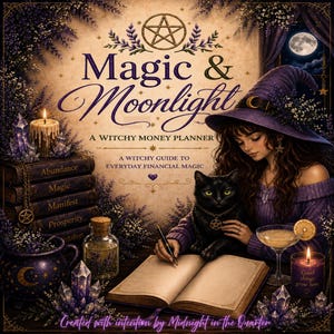 May include: A planner titled Magic & Moonlight: A Witchy Money Planner, A Witchy Guide to Everyday Financial Magic. The cover features a person in a purple hat and sweater writing in a book next to a black cat, crystals, candles, and lavender.