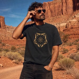 Puede incluir: Una camiseta de manga corta en color gris carbón con un diseño gráfico circular dorado en el pecho. El gráfico consiste en un elemento cuadrado central rodeado de formas geométricas, líneas curvas y pequeños puntos dispuestos simétricamente.