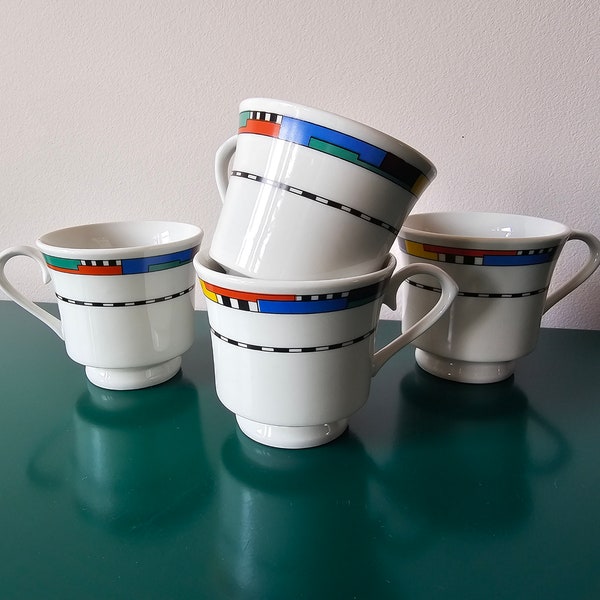 Vintage Set 4 Wellco Krefeld Design Coffee or Tea Cups Postmodern Memphis Milano Ceramic Porcelain Porzellan Germany 1980s