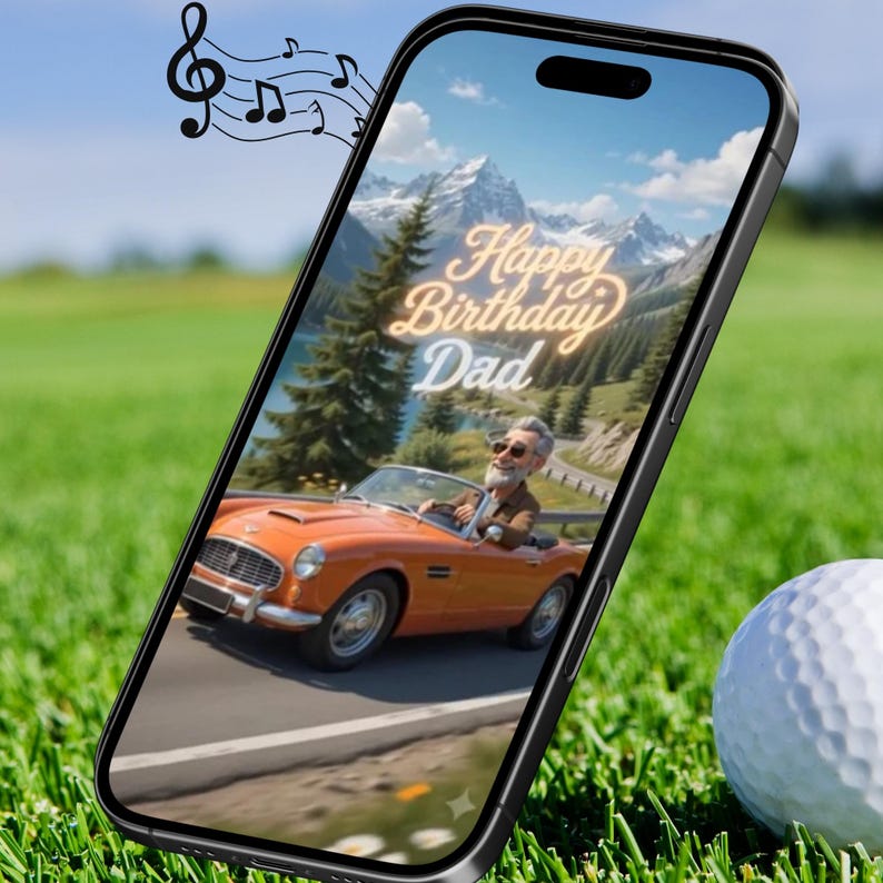 Animated Happy Birthday Dad video featuring an elegant navy blue and gold birthday cake, festive balloons, champagne celebration, and a classic orange convertible driving through scenic mountains. Digital birthday greeting video for fathers, perfect for sharing on social media, WhatsApp, Facebook, Instagram, TikTok, or email.