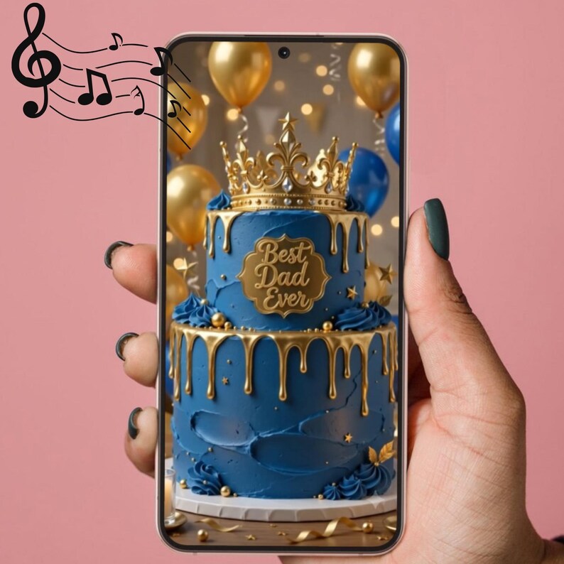 Animated Happy Birthday Dad video featuring an elegant navy blue and gold birthday cake, festive balloons, champagne celebration, and a classic orange convertible driving through scenic mountains. Digital birthday greeting video for fathers, perfect for sharing on social media, WhatsApp, Facebook, Instagram, TikTok, or email.