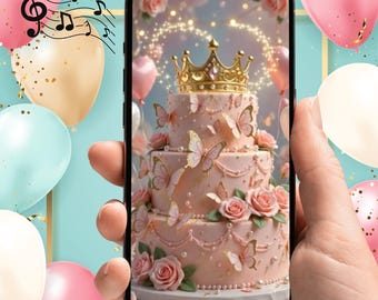 May include: A smartphone displaying a digital image of a three-tiered light pink cake decorated with edible butterflies, pink roses, and a gold crown topper. The screen shows a sparkling light effect around the crown and pearl-like accents.