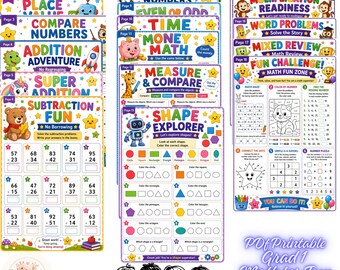 Puede incluir: Una colección de dieciocho hojas de trabajo educativas de matemáticas coloridas para estudiantes de primer grado. Cada página presenta ilustraciones brillantes de animales, robots y estrellas, con títulos como Count & Skip Count, Subtraction Fun, Shape Explorer y Fun Challenge. Las hojas incluyen varios problemas matemáticos, acertijos numéricos y actividades diseñadas para el aprendizaje elemental.