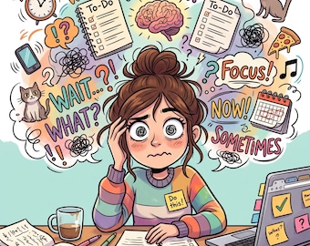 May include: A cartoon illustration of a person with a messy bun looking overwhelmed at a desk. Surrounding them are thought bubbles containing a brain, to-do lists, clocks, cats, pizza, and text including WAIT, WHAT, FOCUS, NOW, SOMETIMES, and DO THIS.