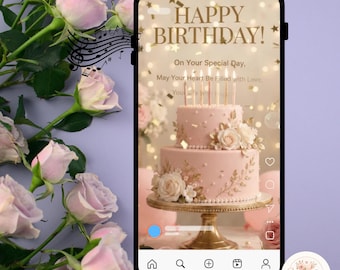 May include: A smartphone screen displaying a digital birthday card with a two-tier pink cake, gold floral accents, and six lit candles. The text reads HAPPY BIRTHDAY! On Your Special Day, May Your Heart Be Filled with Love, Your Life with Happiness.