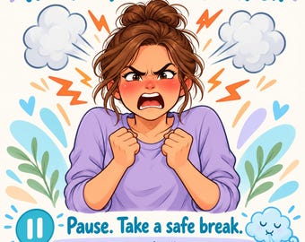 May include: A digital illustration of a person with brown hair in a bun, wearing a light purple long-sleeve shirt, looking angry with clenched fists. Text reads: WHEN MY TEMPER IS HIGH, Pause. Take a safe break. I can feel angry and still act with care.
