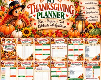 Thanksgiving Planner Printable Bundle, Holiday Organizer PDF, Guest List, Menu, Recipe, Grocery List, Budget Tracker, Digital Download