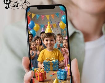May include: A smartphone displaying a digital image of a child wearing a yellow party hat, surrounded by other children at a birthday celebration with colourful balloons, bunting, and gift boxes. Musical notes are illustrated in the top left corner.