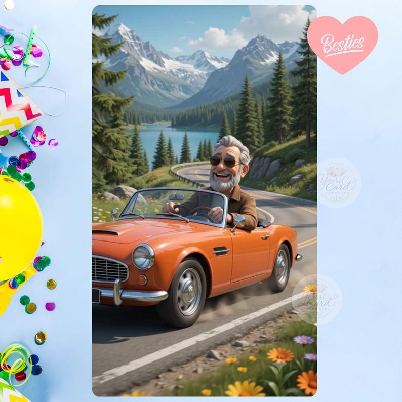 Animated Happy Birthday Dad video featuring an elegant navy blue and gold birthday cake, festive balloons, champagne celebration, and a classic orange convertible driving through scenic mountains. Digital birthday greeting video for fathers, perfect for sharing on social media, WhatsApp, Facebook, Instagram, TikTok, or email.