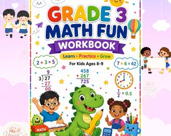 Puede incluir: Una portada de libro de ejercicios Grade 3 Math Fun con ilustraciones coloridas de niños, un dinosaurio verde sosteniendo un lápiz, un arcoíris, un sol y problemas matemáticos. El texto dice Grade 3 Math Fun Workbook.