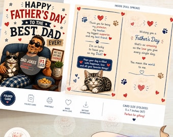 May include: A printable Father's Day greeting card measuring 12.7 by 17.8 cm. The front features a man and a cat wearing sunglasses, with text reading Happy Father's Day to the Best Dad Ever. The inside includes messages and cat illustrations.