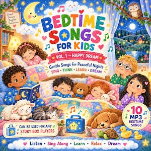 Può includere: Una colorata illustrazione digitale intitolata Bedtime Songs for Kids Vol. 1 Happy Dream con bambini in pigiama, un orsacchiotto, un gattino, un cucciolo e una tartaruga a letto. L'immagine include note musicali, stelle e testo sulle canzoni MP3.