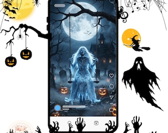 May include: A smartphone screen displaying a digital illustration of a glowing skeleton figure in a white dress sitting on a swing in a graveyard under a full moon, surrounded by Halloween-themed silhouettes of spiders, pumpkins, and ghosts.