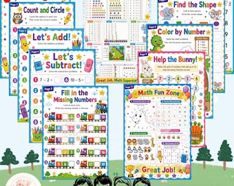 May include: A collection of ten colourful A4 printable maths worksheets for first grade, featuring activities like Match the Numbers, Let's Add, Let's Subtract, Fill in the Missing Numbers, and Color by Number, all decorated with cartoon characters.
