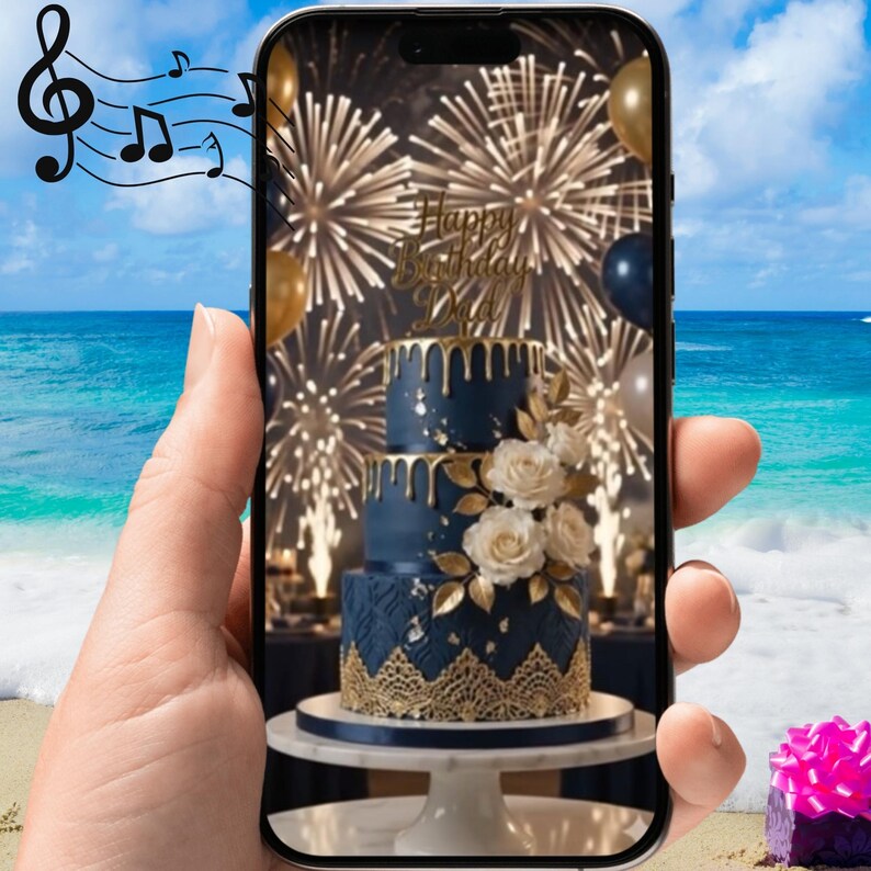 Animated Happy Birthday Dad video featuring an elegant navy blue and gold birthday cake, festive balloons, champagne celebration, and a classic orange convertible driving through scenic mountains. Digital birthday greeting video for fathers, perfect for sharing on social media, WhatsApp, Facebook, Instagram, TikTok, or email.