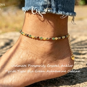Ultimate Prosperity Manifestation Anklet, Pyrite Citrine Tiger Eye Green Aventurine Crystal Beaded Bracelet Attract Wealth & Good Fortune