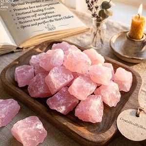 Op de afbeelding: Een verzameling ruwe, doorschijnende roze rozenkwartsstenen op een donkerhouten serveerplank. Een open boek met tekst over de eigenschappen van rozenkwarts, een glazen vaas met gedroogde lavendel en een gele stompkaars in een houder staan in de buurt.