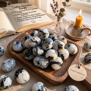 Pu&ograve; includere: Una collezione di pietre burattate in pietra di luna arcobaleno lucide con inclusioni bianche, grigie e nere, disposte su un tagliere di legno. Un'etichetta circolare riporta la scritta CrystalSoulByShawn e un libro aperto elenca i benefici.