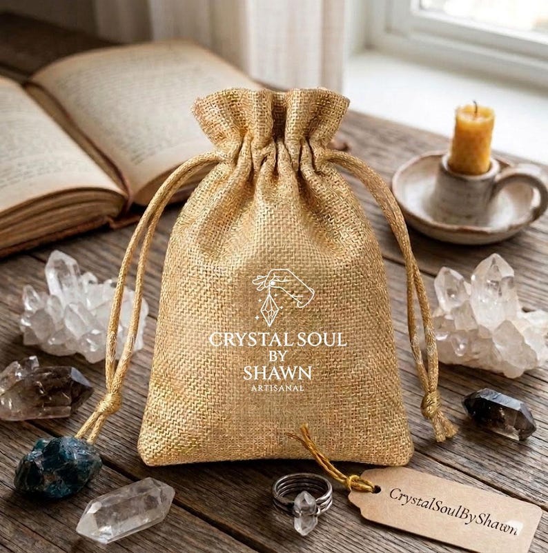 Pu&ograve; includere: Un sacchetto in juta dorata con coulisse, caratterizzato da una grafica bianca di una mano che regge un cristallo e dal testo "CRYSTAL SOUL BY SHAWN ARTISANAL" stampato sul davanti. Il sacchetto ha cordini dorati abbinati con pietre blu scuro.