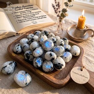 Pu&ograve; includere: Una collezione di pietre burattate in pietra di luna arcobaleno lucide con inclusioni bianche, grigie e nere, caratterizzate da riflessi blu iridescenti. Le pietre sono esposte su un vassoio di legno con un'etichetta rotonda CrystalSoulByShawn.