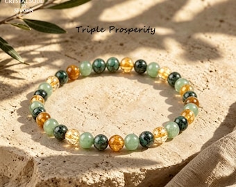Bracciale della Tripla Prosperità, Bracciale con cristalli di avventurina verde, turchese e citrino, Crescita Professionale, Calma, Abbondanza