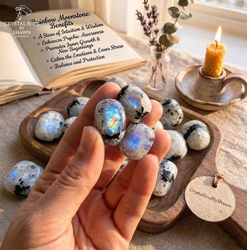 Pu&ograve; includere: Diverse pietre di luna arcobaleno levigate di forma ovale con riflessi blu iridescenti e inclusioni nere. Le pietre sono esposte su un vassoio di legno accanto a un libro aperto con testo sui benefici della pietra di luna e una candela gialla.