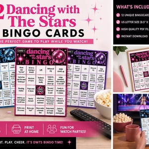 Puede incluir: Un conjunto de 12 tarjetas de bingo de Dancing with the Stars con un diseño de cuadrícula con indicaciones de texto, un gráfico de bola de discoteca y un espacio libre. Las tarjetas miden 21,6 cm por 27,9 cm e incluyen acentos de color rosa y azul.