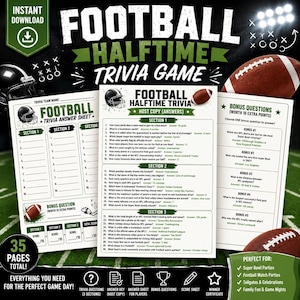 Op de afbeelding: Een printbare football halftime trivia spelset met een antwoordblad, een kopie voor de gastheer met antwoorden en een bonusvragenblad. De documenten bevatten secties voor trivia-vragen, antwoordvelden en scores, versierd met football-afbeeldingen.