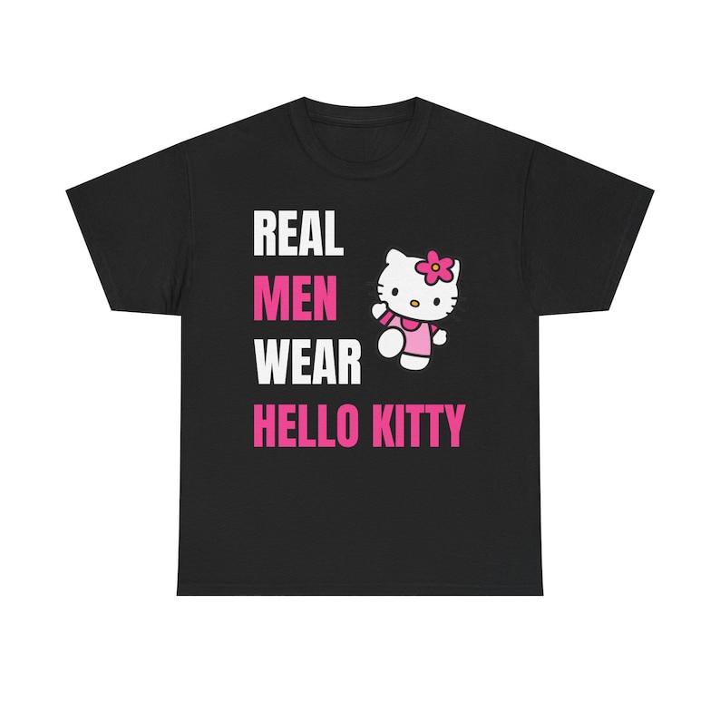Prawdziwi mężczyźni noszą koszulkę Hello Kitty, zabawny T-shirt z memem, ironiczny T-shirt z humorem, szalony wirusowy T-shirt Y2K zdjęcie 1