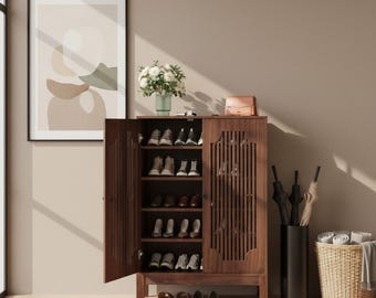Shoe Cabinet with Doors Wooden Footwear Storage Cabinet 5 Tier Organizer Adjustable Shelves Entryway Sneakers Rack