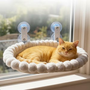 Pode incluir: Um gato laranja descansando em um poleiro de janela circular de pelúcia branca. O poleiro possui uma borda macia e acolchoada, sendo fixado ao vidro com dois suportes de plástico branco, cada um equipado com duas ventosas transparentes.
