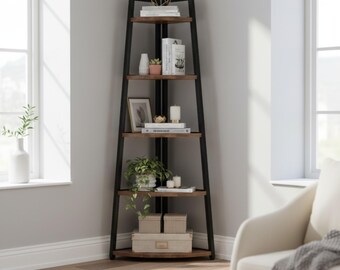 Corner Bookshelf Industrial Corner Shelf 5 Tier Bookcase Wood Storage Display Rack for Living Room Bedroom Home Office
