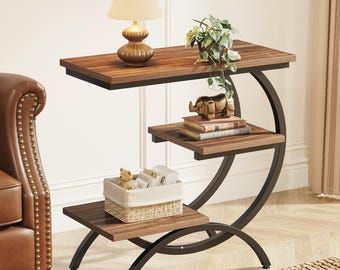 C Shaped End Table Rustic Couch Side Stand Industrial Bedside Shelf with 3 Tier Storage for Small Spaces