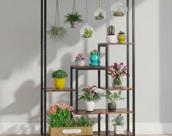 Tall Indoor Plant Stand with Hanging Hooks 5 Tier Metal Shelf Rustic Wooden Rack for Living Room Balcony Garden