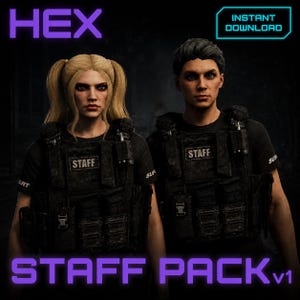 Puede incluir: Dos personajes digitales con camisetas negras con la palabra STAFF impresa en el pecho y chalecos tácticos negros. El personaje femenino tiene el pelo rubio en coletas y el masculino tiene el pelo oscuro. Texto: HEX, STAFF PACK v1 e INSTANT DOWNLOAD.